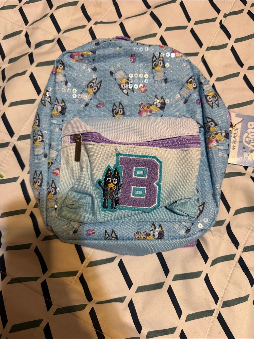 Light Blue Kids Sequin Backpack with 'B' Patch - Unbranded